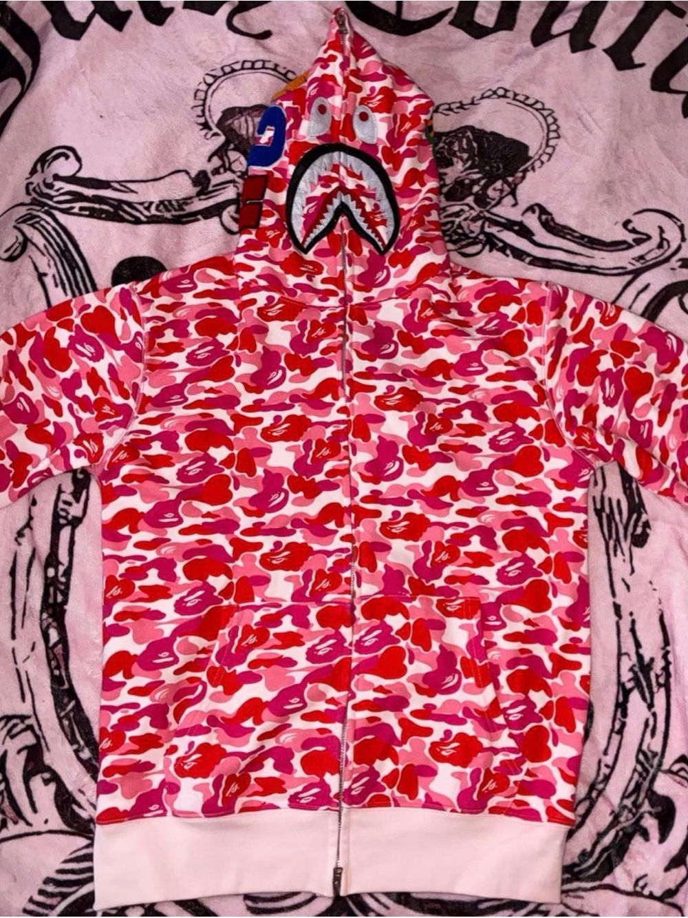 Bape Pink Red Camo Shark Full-Zip Hoodie